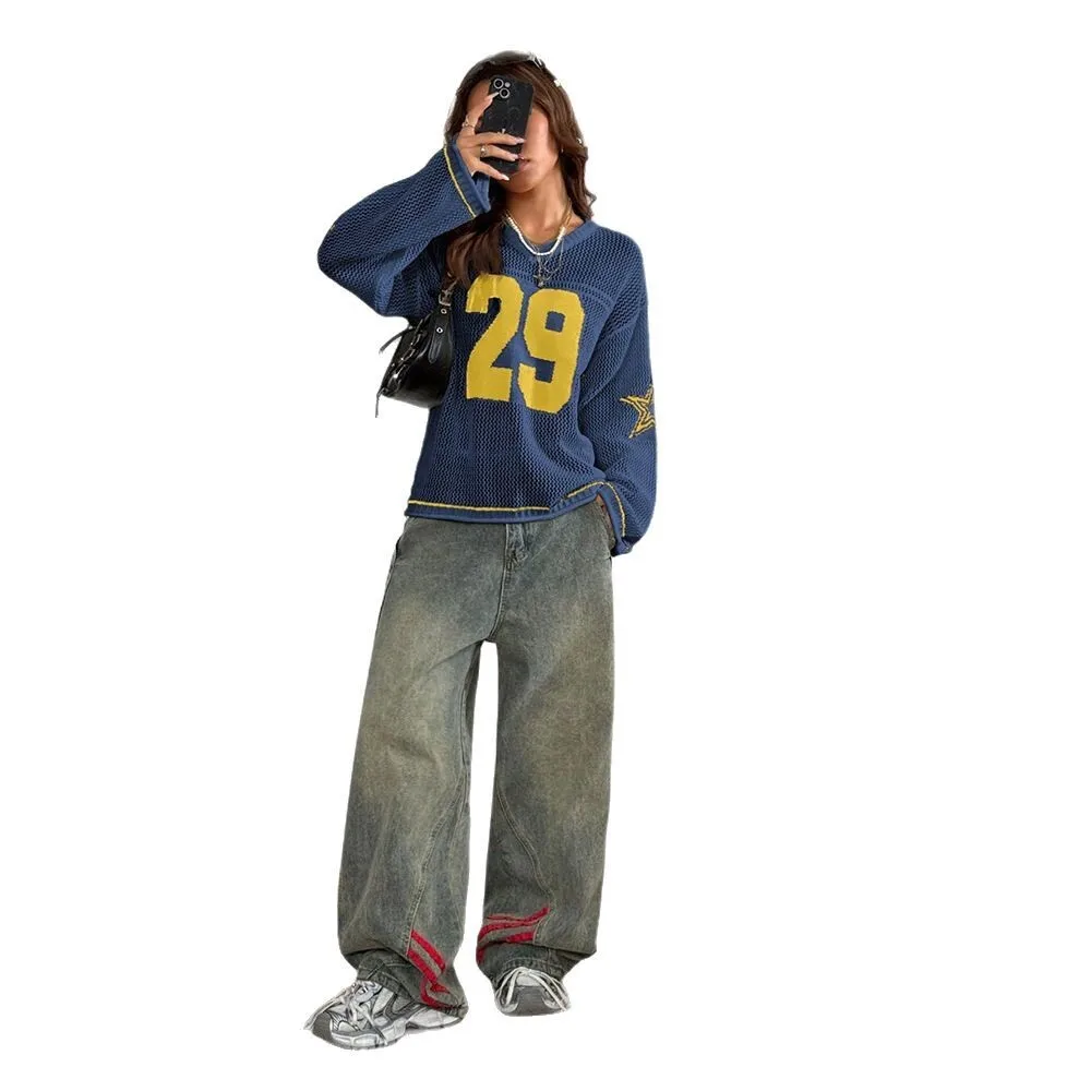 2025 nova rua na moda camisola de malha moda casual número impressão com decote em v manga longa design topo