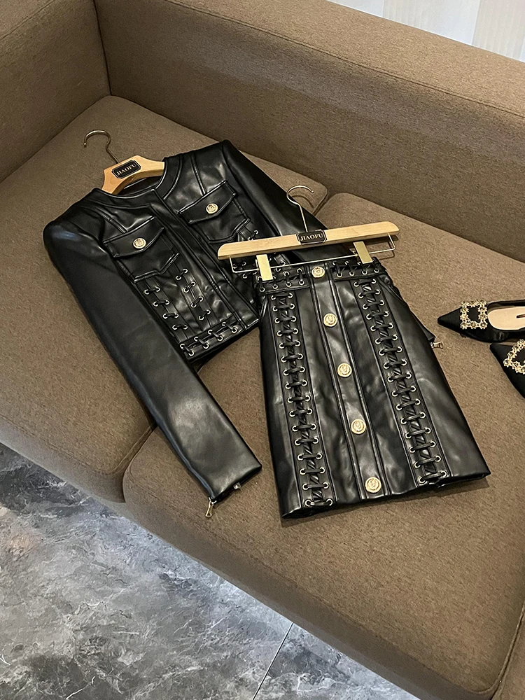 

Модный круглый комплект Ne Heavy Rope с поясом, кожаный комплект джета и юбки, женский деловой повседневный комплект A2