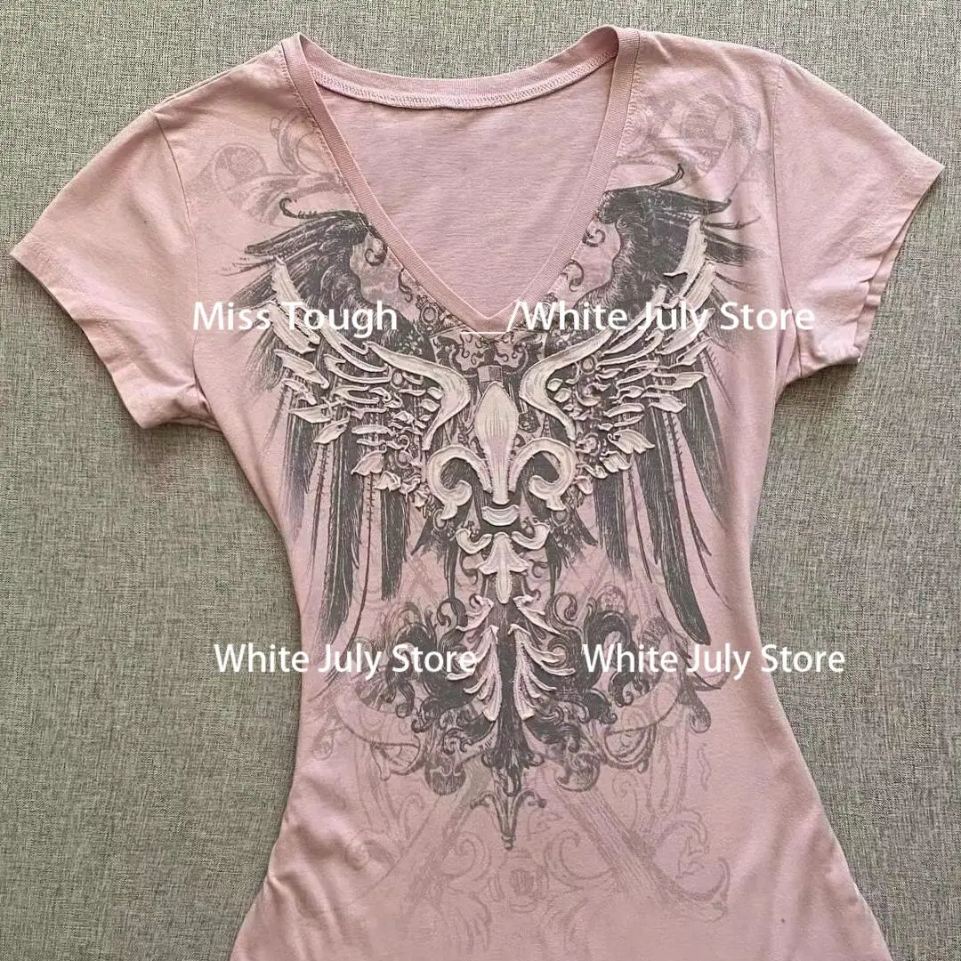 2024 ropa mujer เสื้อยืดฤดูร้อนสำหรับผู้หญิงคอวีแขนสั้นเสื้อท่อนบนพิมพ์ลายสีชมพูเสื้อครอปเสื้อลำลอง Y2k เก๋ไก๋