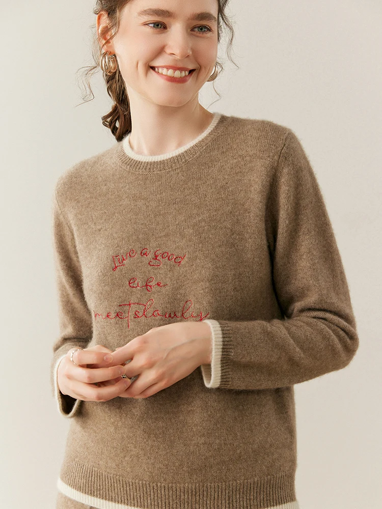 TLOML 여성용 100% 캐시미어 스웨터 오넥 긴 소매 풀오버 컬러 블록 자수 캐시미어 니트웨어 가을 겨울 시크 탑