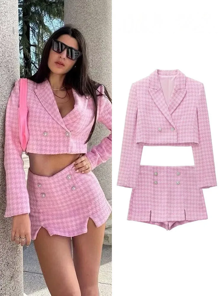 

HH 2024 Autumn Women Fashion Houndstooth Culottes Set New Short Blazer Top + Commute Office Lady Woman Shorts Trendy