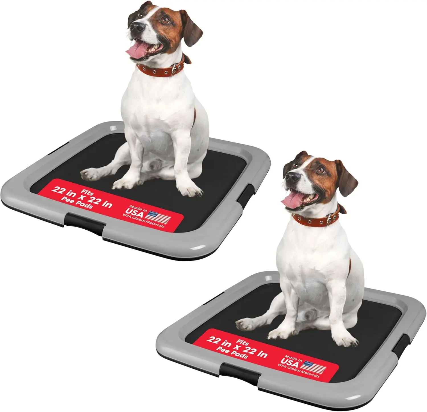 

Dog Pee Pad Holder with Secure Latches, Non-Skid Feet, Easy Clean Finish, Leak Protection for 22"x22"+ Pads, 2-Pack Black/Gray