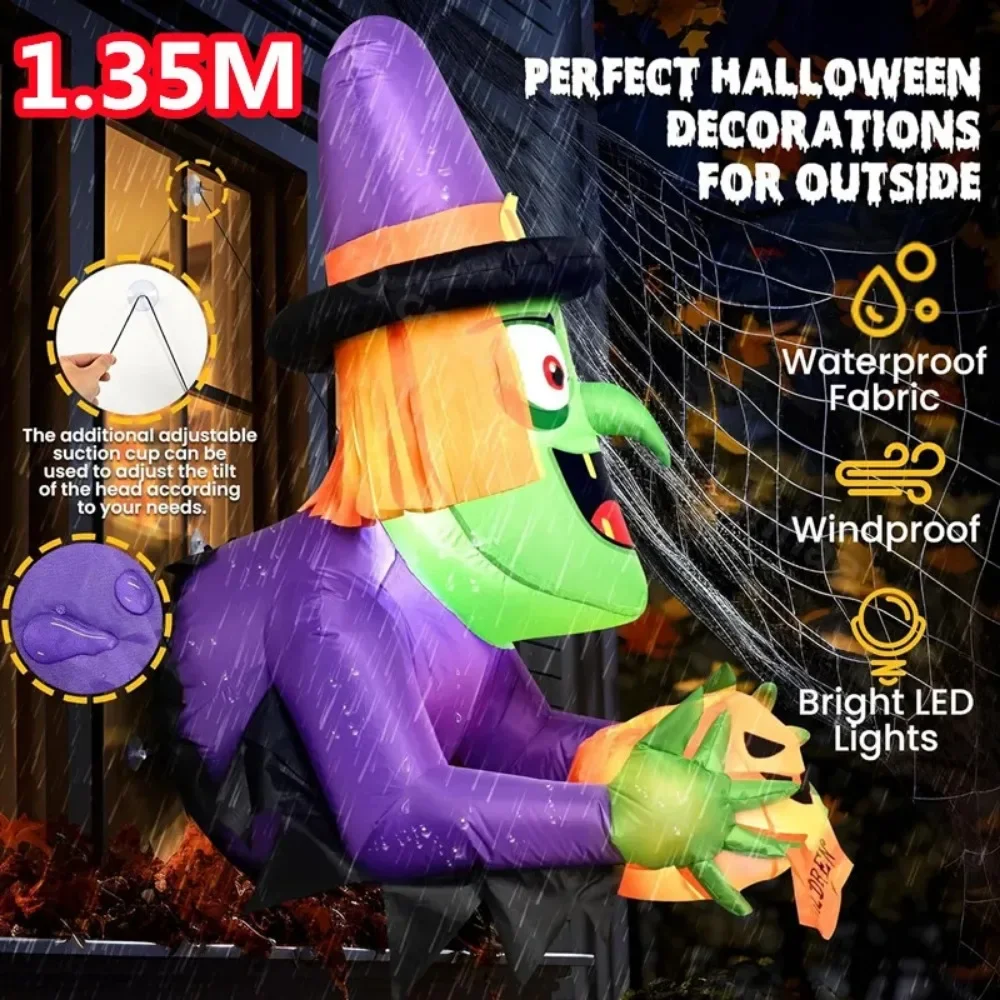 Garden Festival Decor 1.35M/4.5FT Halloween Inflatable Climbing Window Witch Model Built-in LED Lights Courtyard Outdoor Party