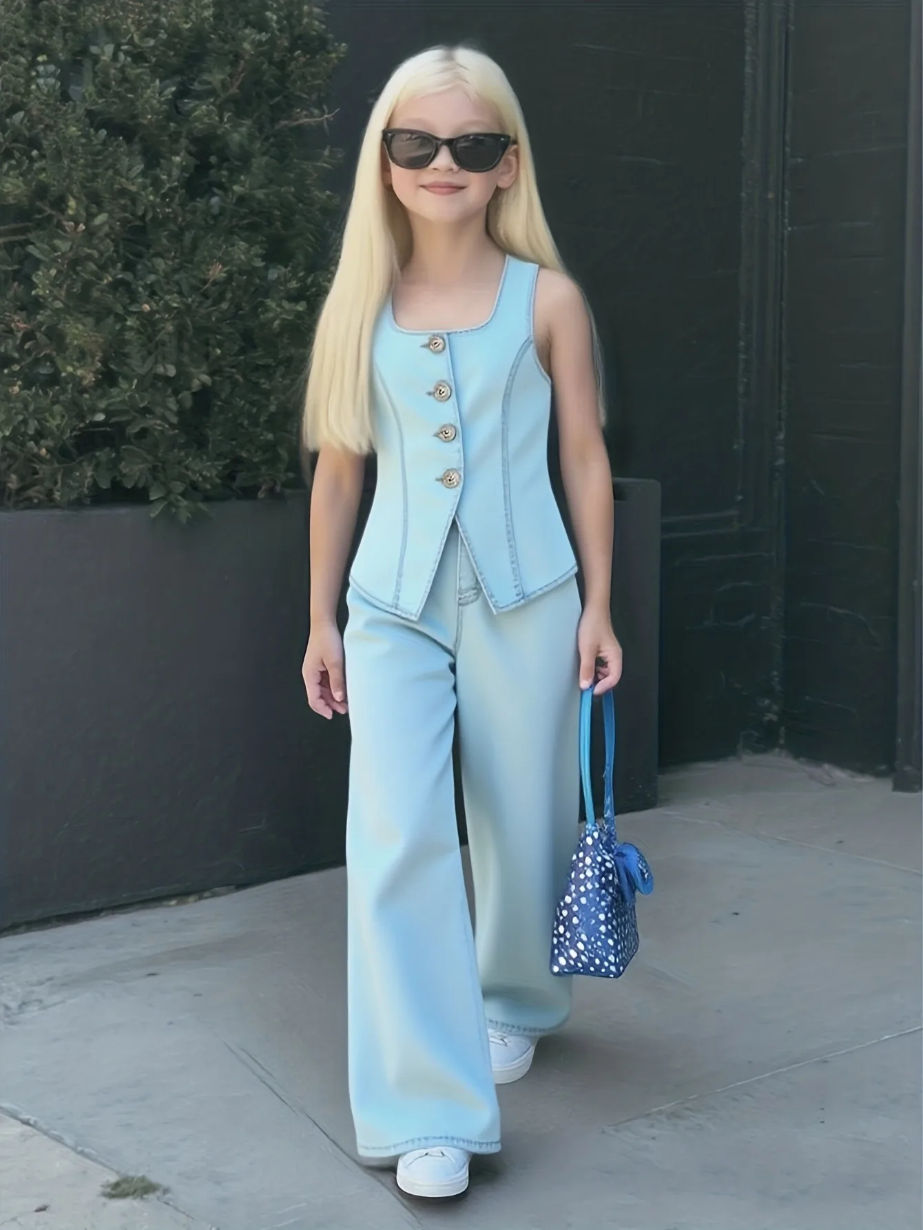 Kids Girls 2-Piece Light Wash Denim Square Neck Sleeveless Vest & Wide Leg Pants Set Summer Casual Streetwear Co-ord Outfit