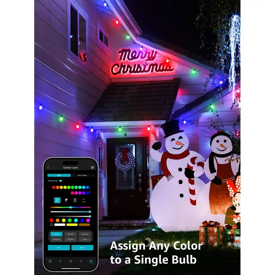 ZB1 AI Smart Outdoor String Lights APP Control، 544212 قدم RGBICWarm White Outdoor Lights 15 LED Bulbs، Alexa Google Home Enable،