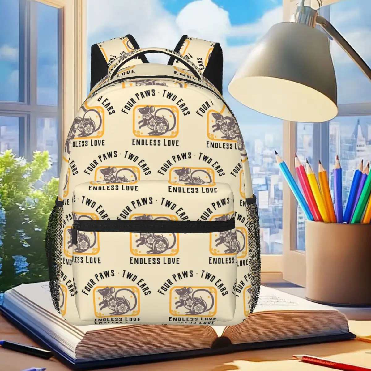 

Four Paws Two Ears Endless Love Pet Rat Backpack Student Boys Girls BookBag Kids School Bag Laptop Shoulder Bags for Men Women