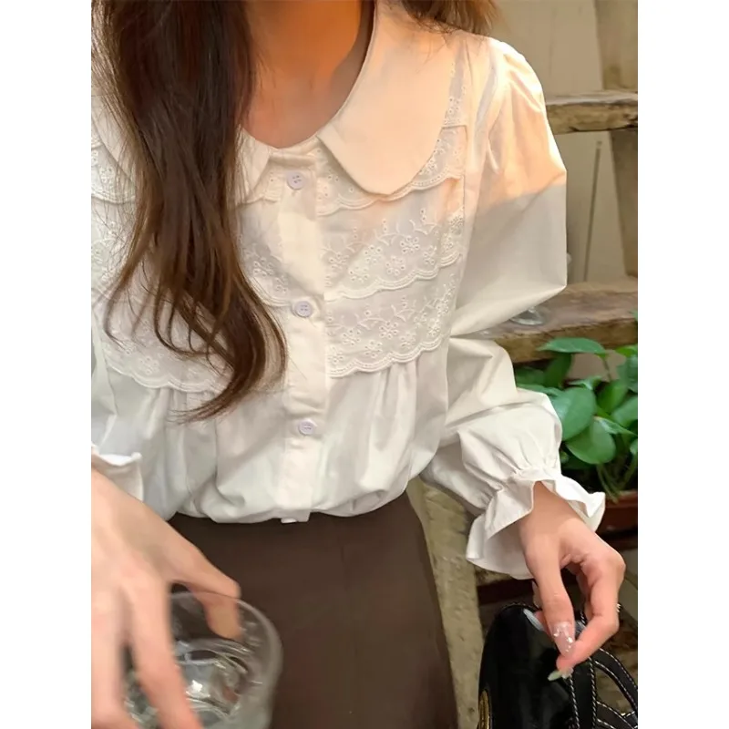 QWEEK Korean Style Elegant and Youthful Woman White Lace Shirts Casual Solid Colour Peter Pan Collar Blouse Puff Sleeve Top