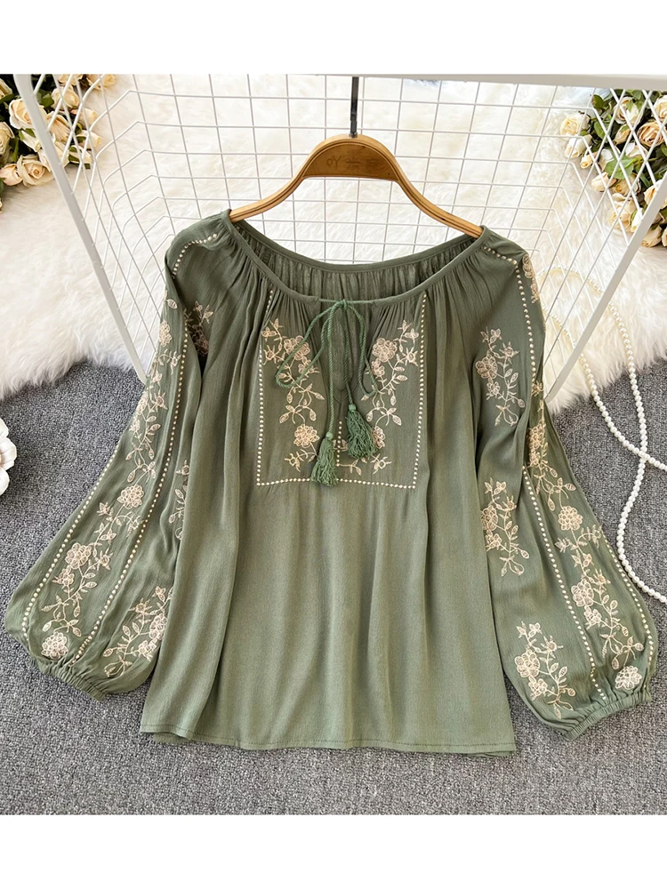 Women Spring Autumn Blouse Vintage National Style Long Sleeve Round Neck Pullover Embroidery Loose Shirt Doll Shirt Top D2761