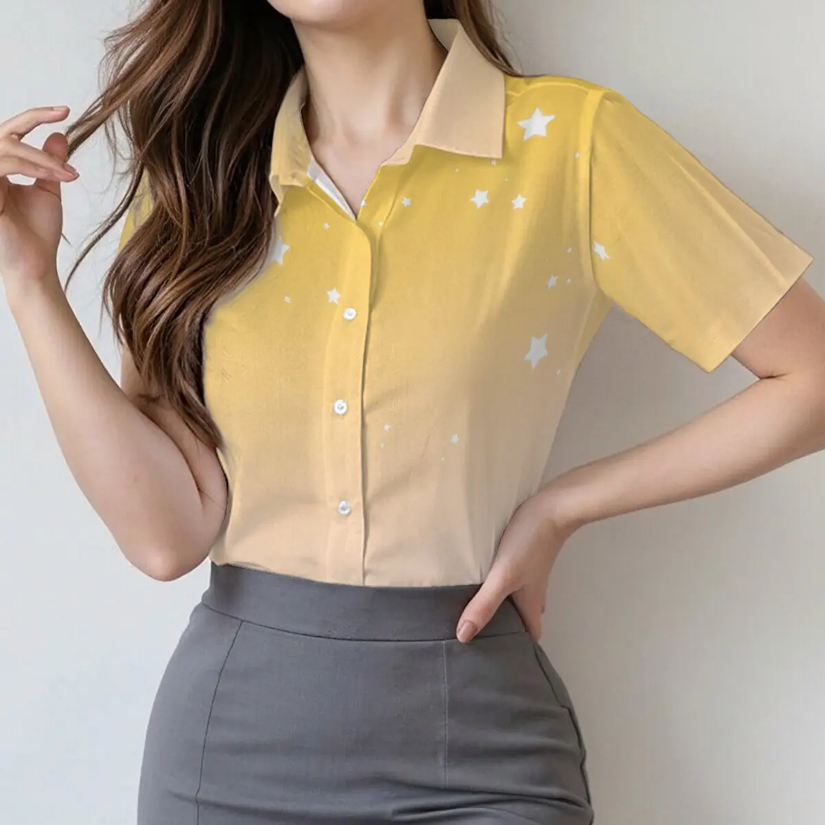 

Summer women's short-sleeve single-breasted shirt, gradient star pattern, retro & elegant, stylish & personalized for commute