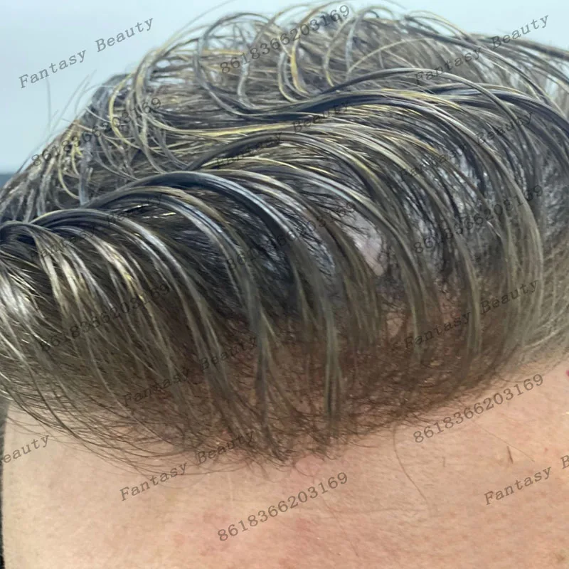 

Натуральные человеческие волосы Пепельно-коричневые блондинки Мужской парик Полный инъекционный парик из искусственной кожи База Шиньоны Система протезов Серые волосы для старого лысины