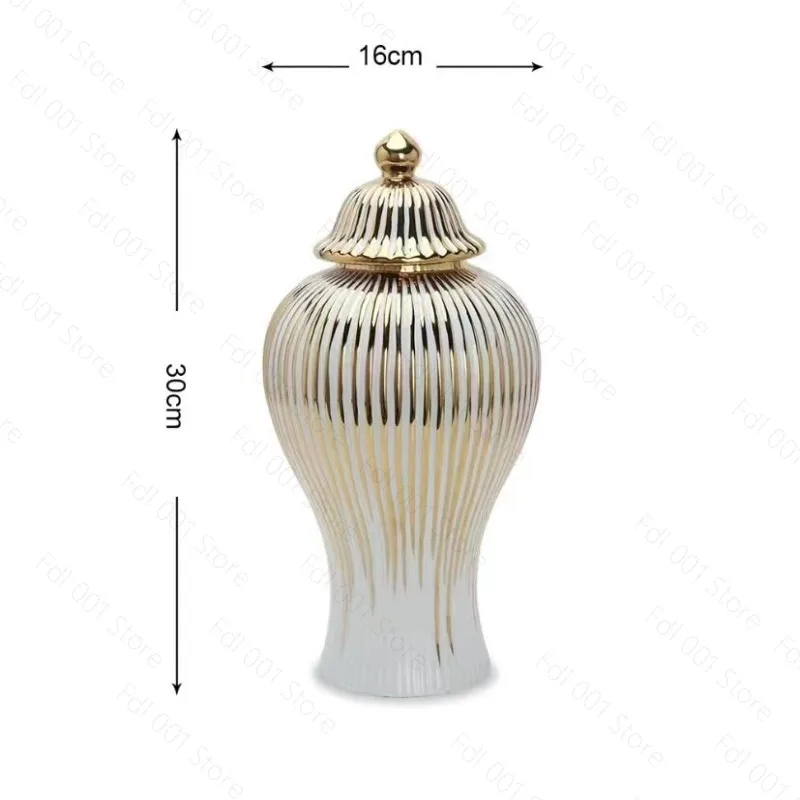 Ceramic Ginger Jar Golden Stripes Decorative General Jar Vase Porcelain Storage Tank with Lid Handicraft Home Decoration Vases