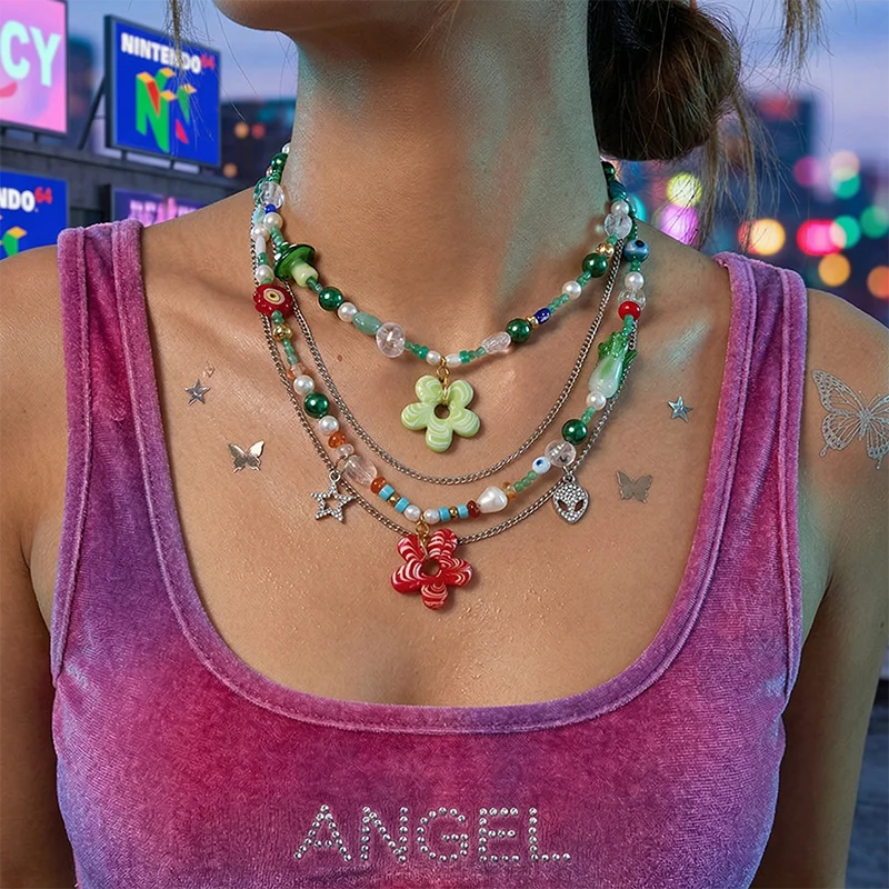 

Y2K Colorful Beaded Necklace Stainless Steel Lampwork Glass Flower Pendant Cute Pearl Choker Summer Beach Boho Women Jewelry