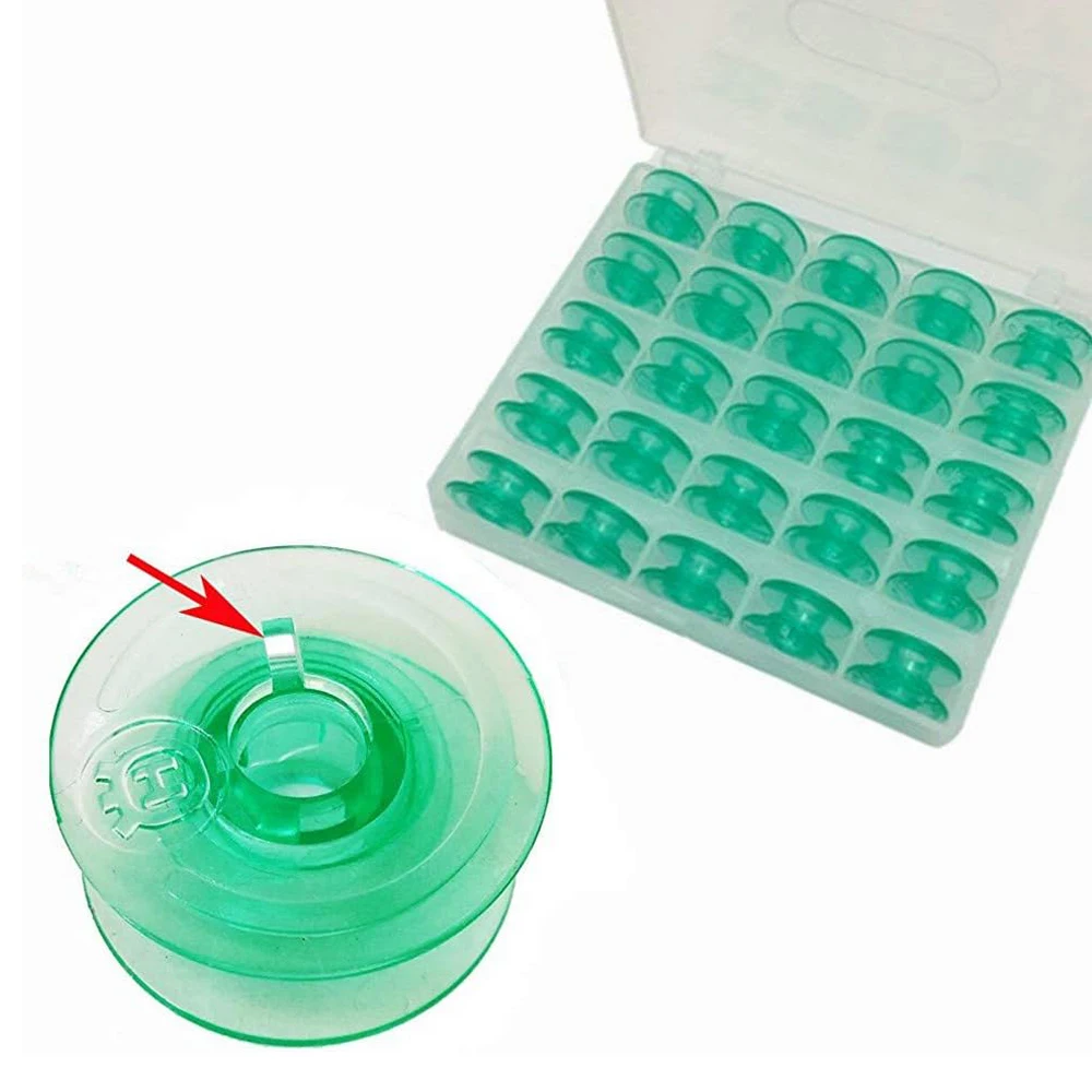 25Pcs/Box Green Plastic Bobbins with Thread Hole For Sewing Machine Parts Come with Case Storage Box Craft Accessories