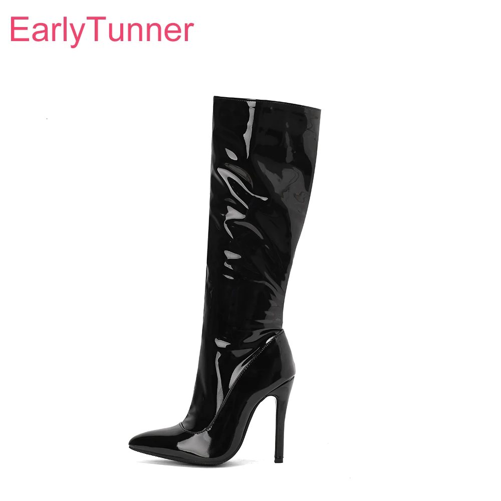 

2025 New Winter Glamour Black White Women Knee High Boots 11cm Super High Heels Lady Nude Shoes Plus Big Size 10 32 42 46