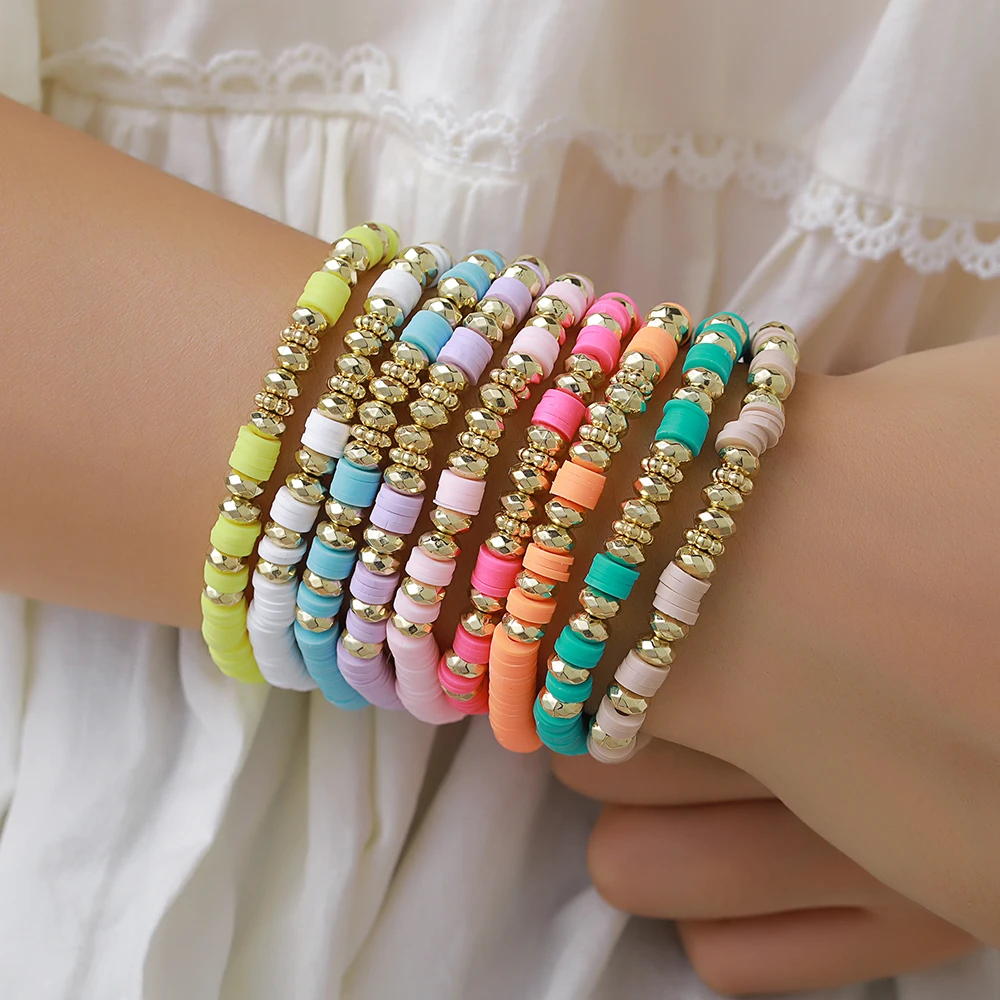 Boho Jewelry 9Pcs/Sets Stacking Bracelets Sets for Women Summer Polymer Clay Beads Bracelet Gold Color Spaced Beaded Pulseras