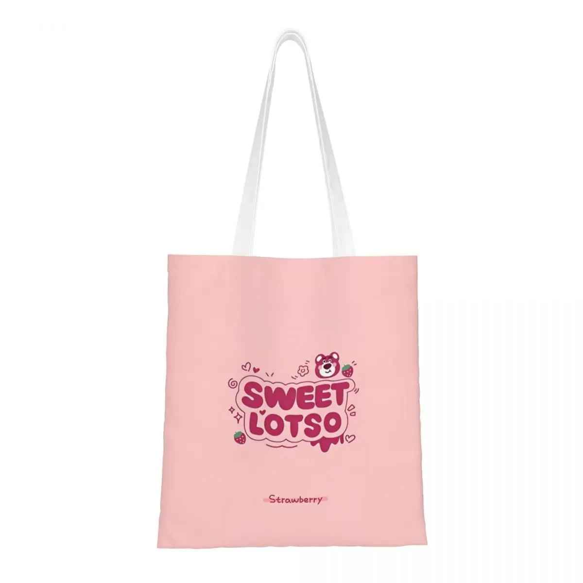 Lotso Strawberry Bear Tote Bags Women Handbag Foldable College Lots-o'-Huggin' Bear Shoulder Bag Reusable Shopping Bag