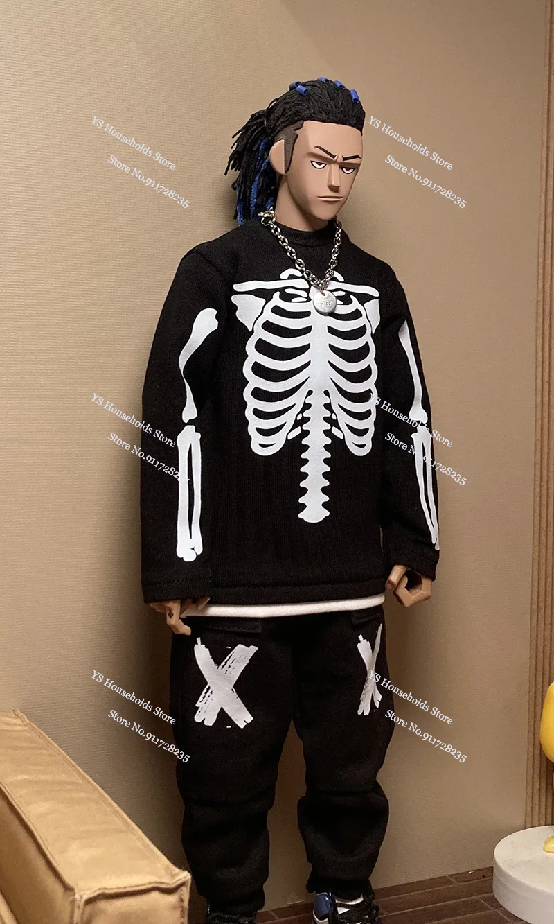 1/6 Trendy Action Figure Skull Print Sweatshirt Green Stripe Sweater Coat Top Casual Jeans Sport Pants Clothes Toys For 12" Body