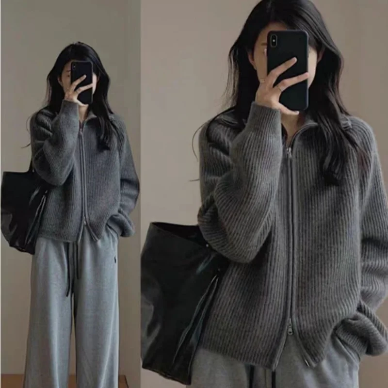 

Осень/зима женский кардиган из 100% шерсти с высоким воротником и длинными рукавами на двойной молнии, однотонный кашемировый верхняя одежда, топ