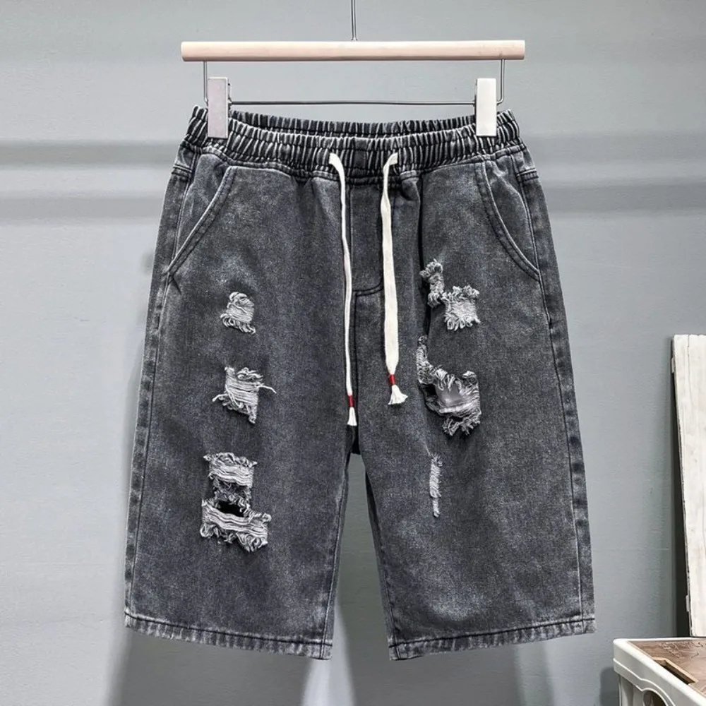 Summer Men's Fashion Slim Fit Denim Ripped Shorts Korean Casual Perforated mens jeans