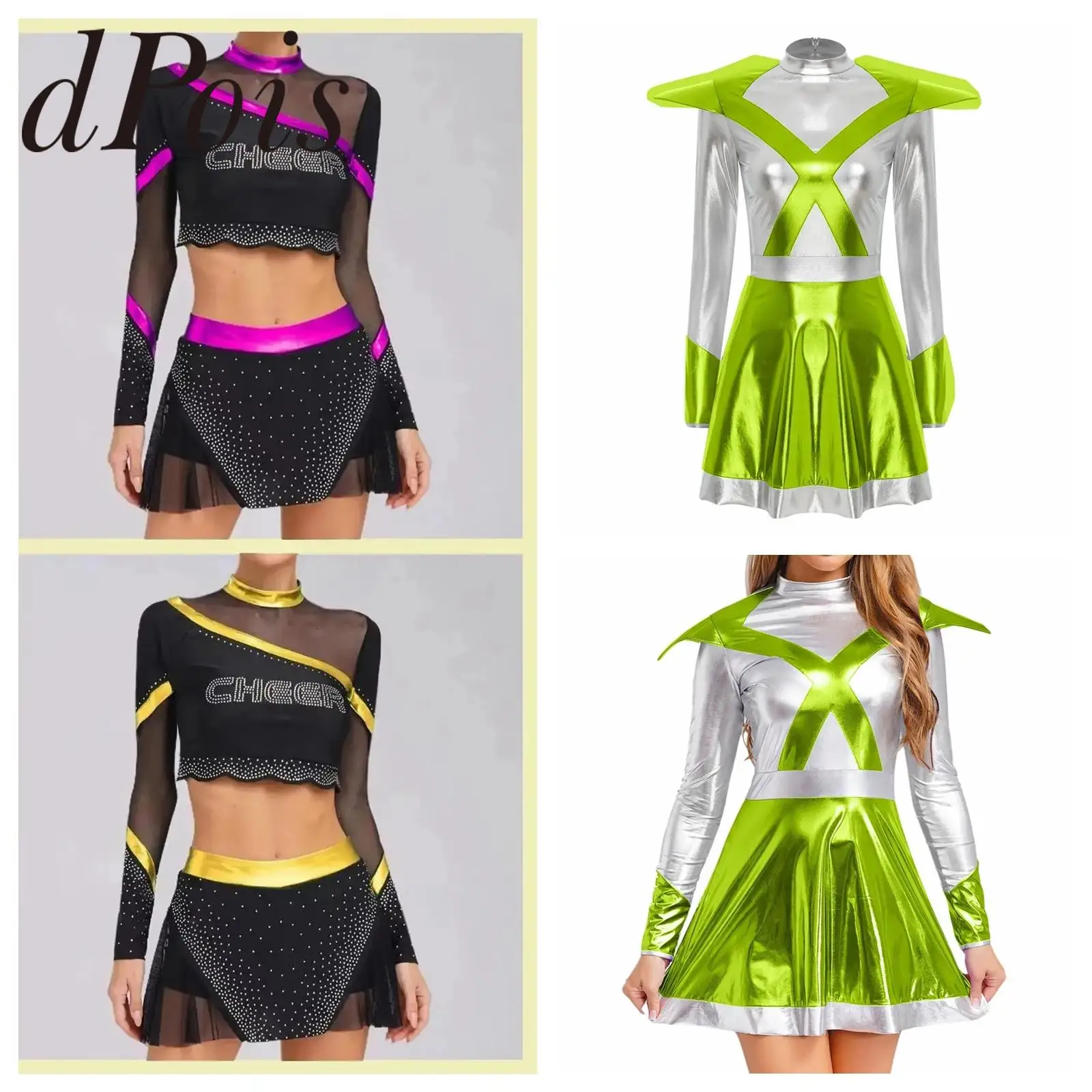 

Adults Rhinestone Cheerleader Outfits for Woman Long Sleeve Dancewear Teamwear Set Cheerleading Costume Cheerlead Dancewear