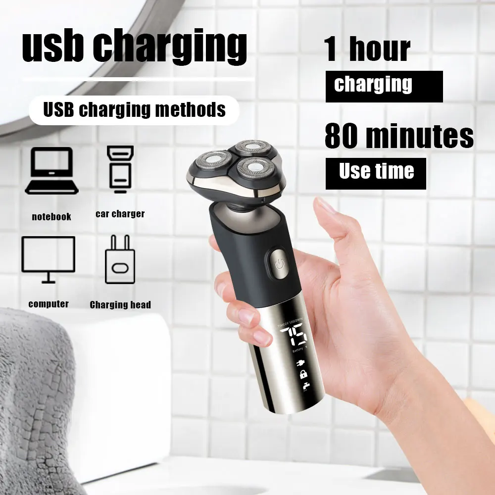 Novo barbeador elétrico inteligente lcd display digital três cabeças flutuante navalha usb recarregável lavagem multi-função faca de barba