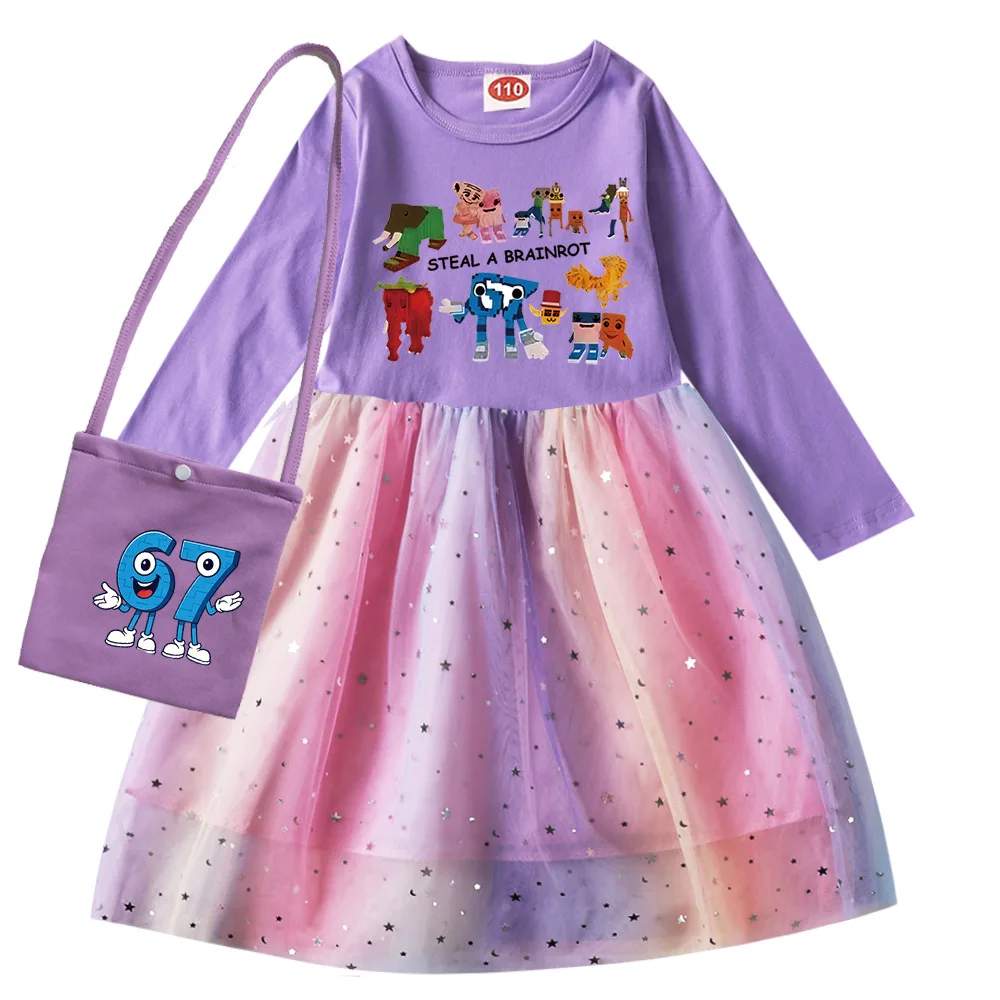 

Steal A Brainrot Blue 67 Clothes Cosplay Costume Kids Long Sleeve Causal Dresses + Bag Baby Girls Fancy Wedding Party Vestidos