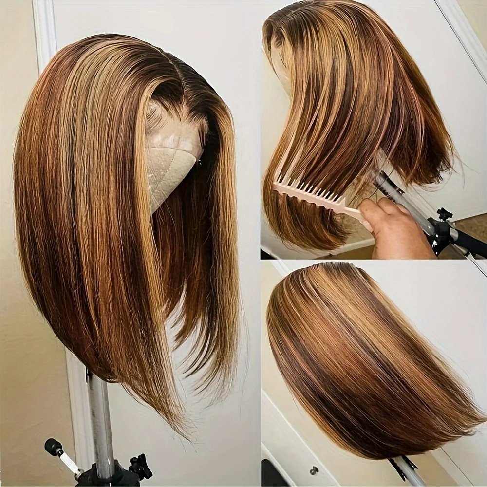 Peluca de cabello humano liso con encaje frontal transparente para mujer, pelo corto bob con densidad de 427, 10 pulgadas, 150% resaltado, color ombré, 13x4