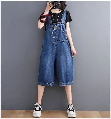 Jeans Suspender Longgar Jumpsuit Jeans Tanpa Lengan Wanita Overall Denim Pakaian Jalanan Musim Panas Baru Celana Pendek Denim Kaki Lebar Solid Longgar
