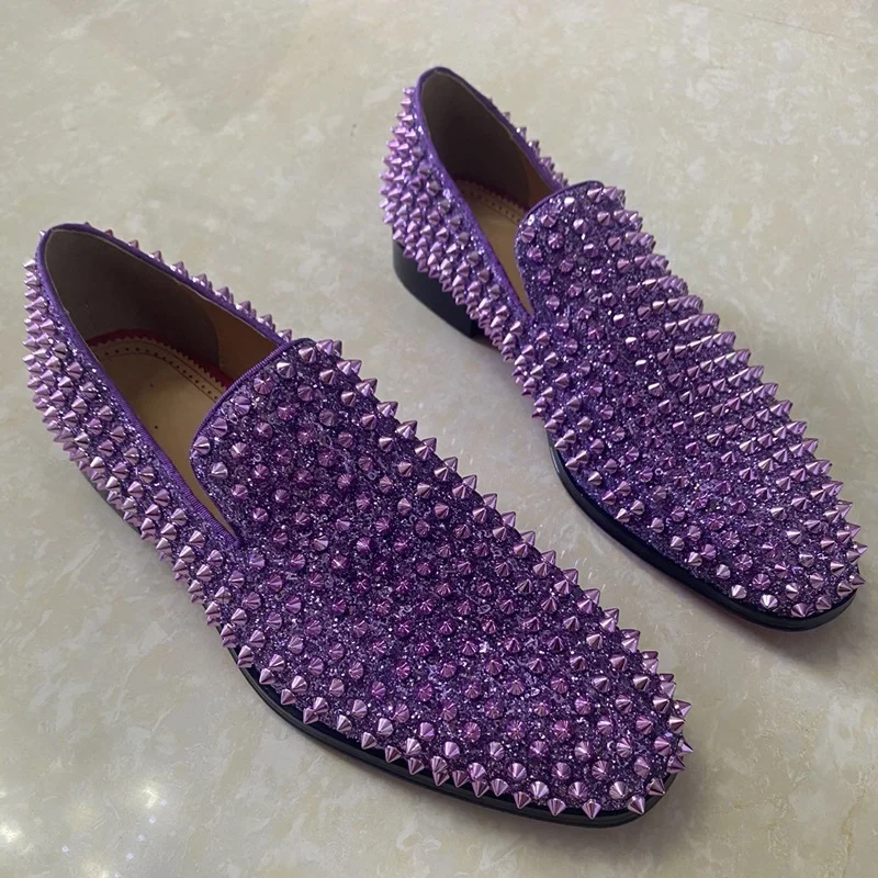 Luxury Bling Mens Purple Sequin Shoes Fashion Full Rivets Loafers Handmade Glitter Men Dress Shoes Summer Party And Wedding Shoe