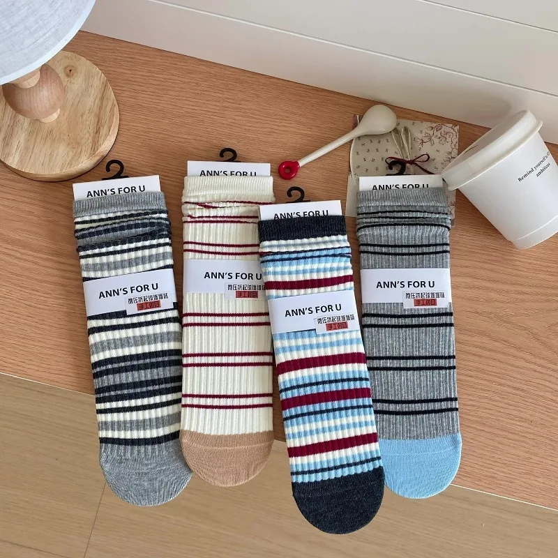 

4 Pairs Women's Striped Cotton Socks High Quality Fashion Long Socks Set Girl Autumn Winter Ankle Socks Wholesale Hosiery 2025