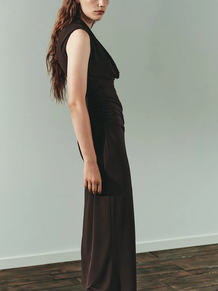 Faionable dulce ajustado Midi Dr otoño nueva llegada Falda larga plisada Sle Deep V Ne Svel vestido de noche para mujer