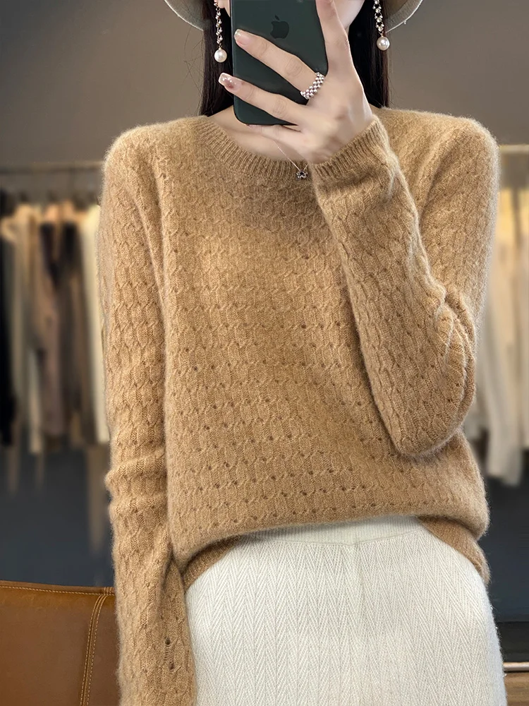 New Women' s O-neck Pullover Sweater Hollow Out Grace Basic Jumper Autumn Winter 100% Merino Wool Knitwear Female Clothing Tops