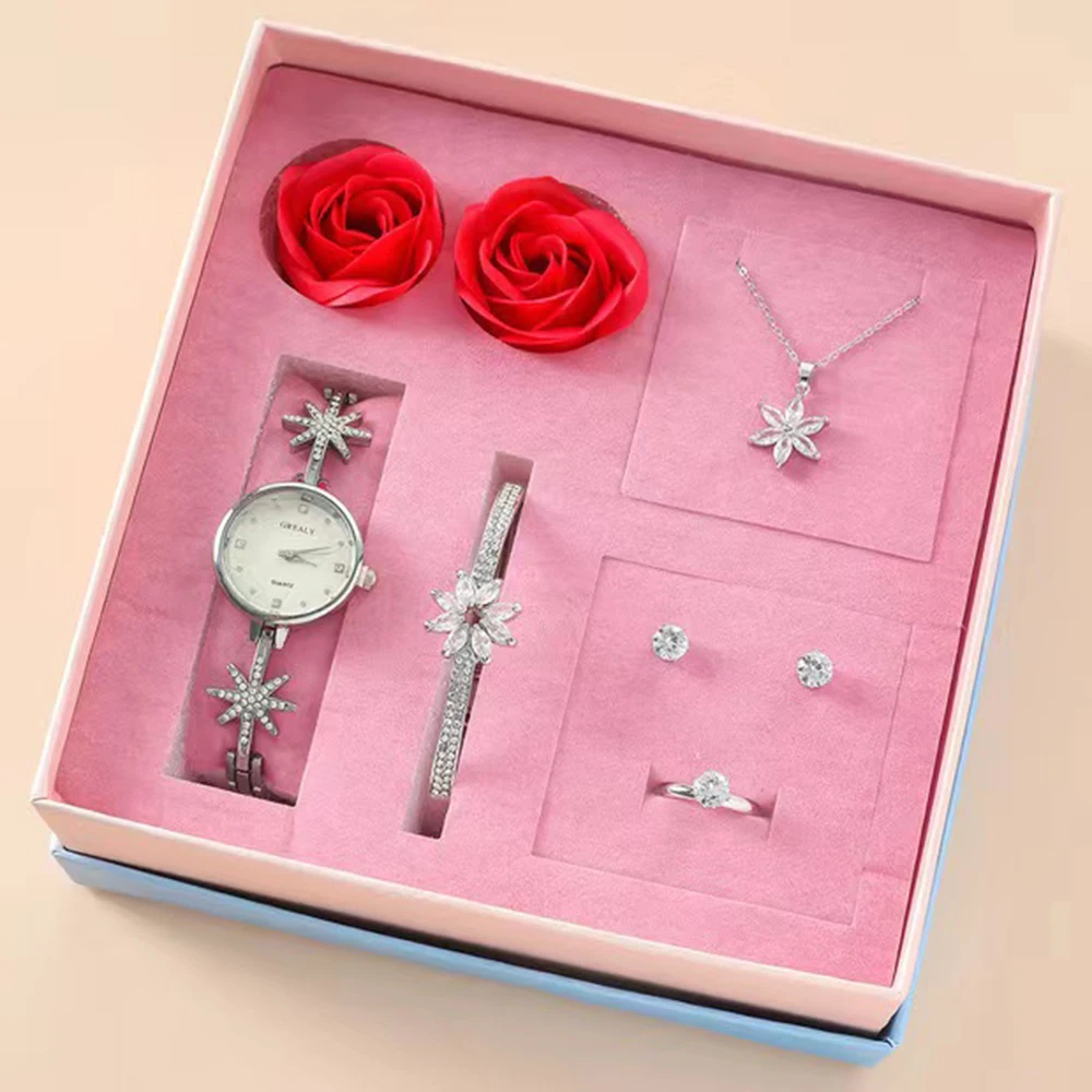 Conjunto de reloj de cuarzo para mujer, pulsera de moda, conjunto de joyería femenina, 5 piezas, collar, pendientes, anillo, relojes, regalo con caja