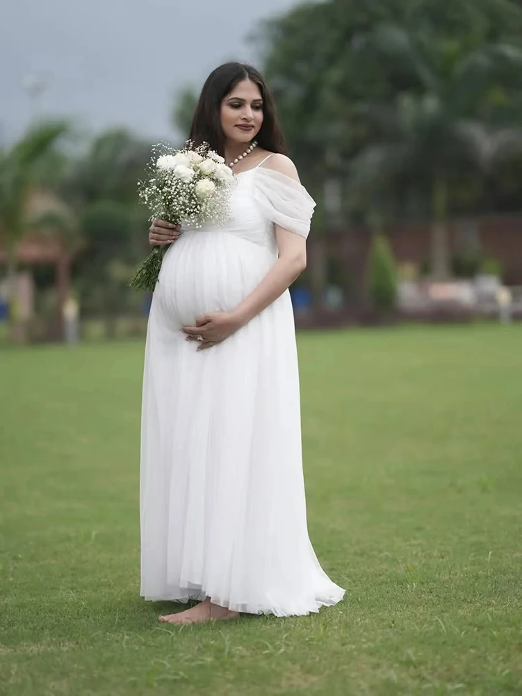 

Elegant White Maternity Photoshoot Dress Off Shoulder Chiffon Maxi Gown Pregnancy Photography Outfit Baby Shower Studio Wear
