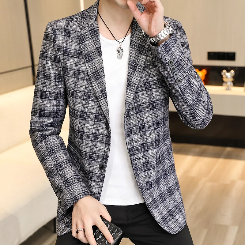 2023 Boutique fashion handsome business leisure autumn and winter new suit men slim gentleman English plaid suit jacket