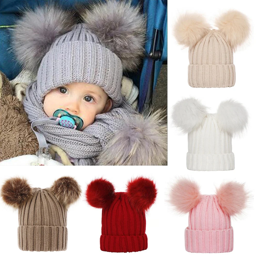 

2025 Mother Kids Hats Bobble Hat Children Cap Pom Pom Beanies Caps Kids Cap Infant Bonnet Accessories for Baby Girls Boys 0-3Y