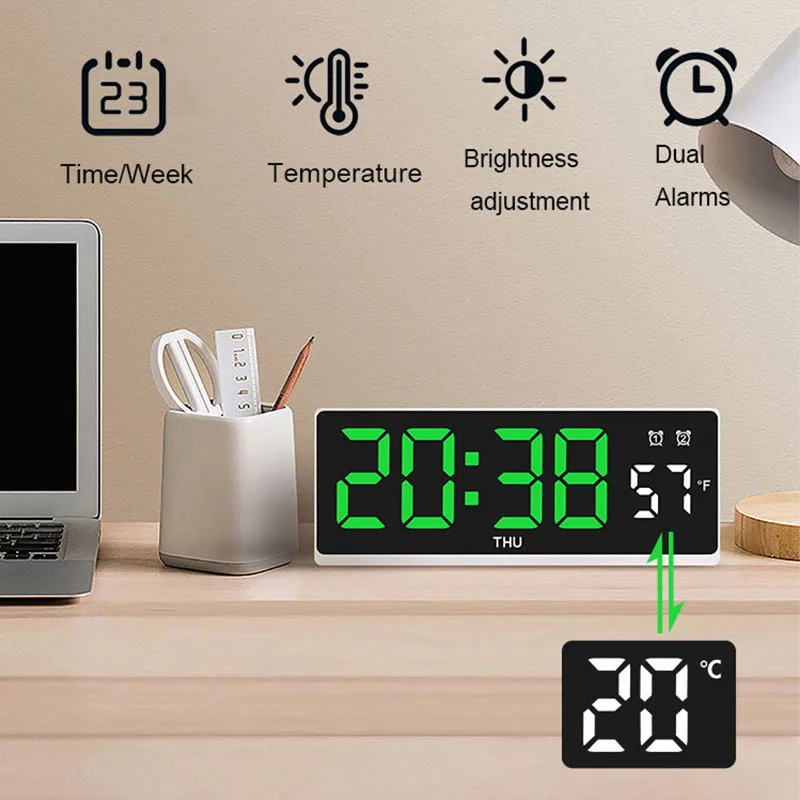 LED Alarm Clock Plug in Electronic Digital Clock Dual Alarms Temperature Table Clock 12/24H Brightness Adjustment Voice Control