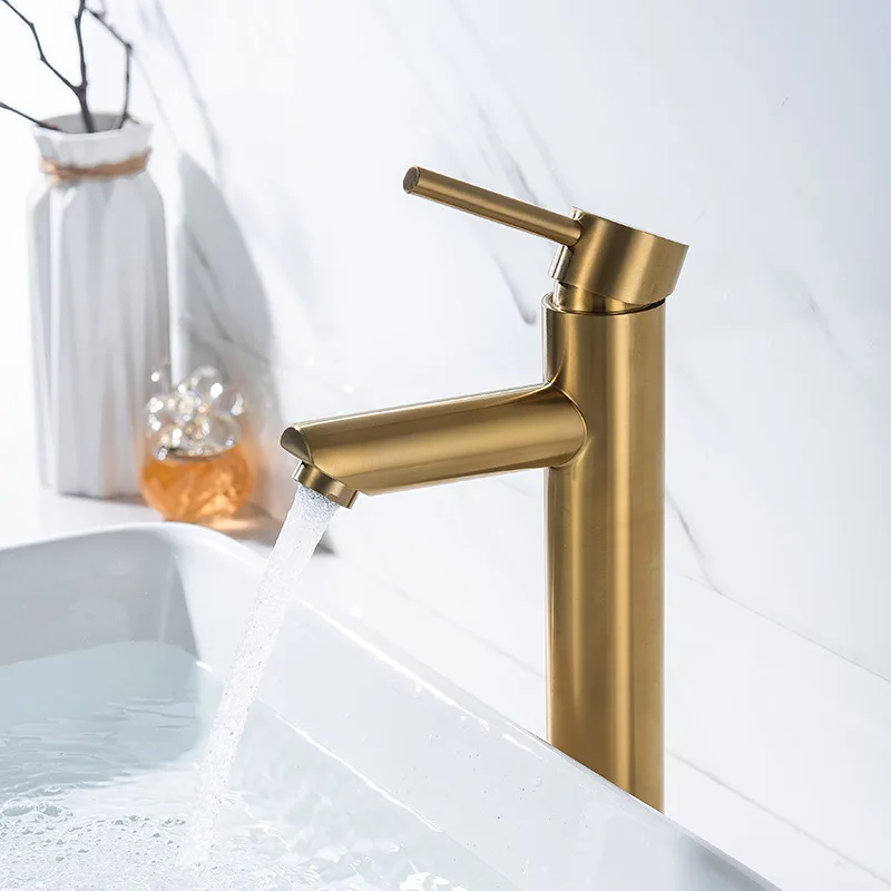 

Brushed Gold Bathroom Basin Faucet Stainless Steel Cold Hot Water Mixer Crane Wash Vanity Taps Single Handle Deck Mounted Modern