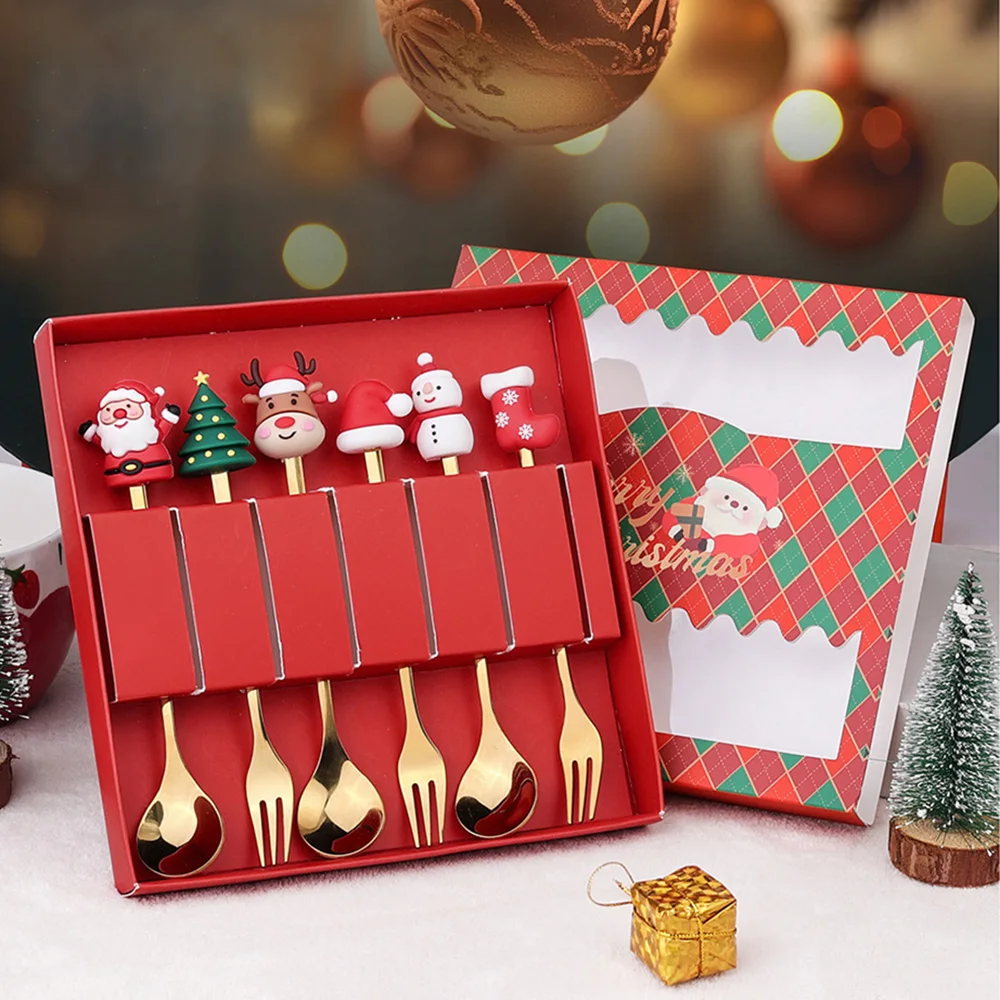 

4/6PCS Christmas Coffee Spoons Forks Gift Box Stainless Steel Golden Spoon Fork Kit Dessert Scoop Fruit Fork Family Kitchenware