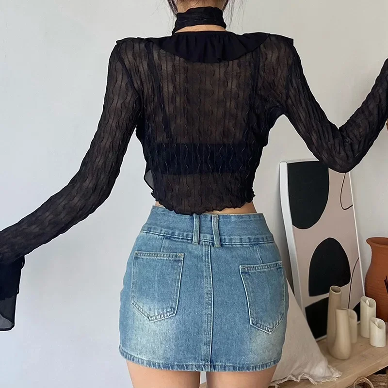 Sexy See Through Blouses Women Summer Flare Sleeve Black Mesh Crop Top Korean Fashion Irregular Ruffles Shirts Streetwear