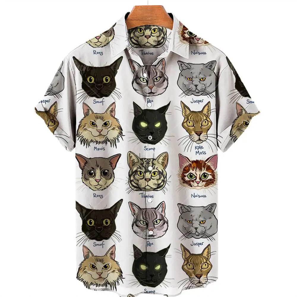 2024 Short Sleeve Hawaiian Shirt Men's Cute Cat 3D Digital Printing Men's Casual Cardigan Shirt Summer Clothing