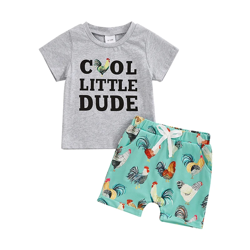 Little Boys Summer Farm Outfits Short Sleeve Letter Print Tops and Chicken Tractor Print Shorts Sets