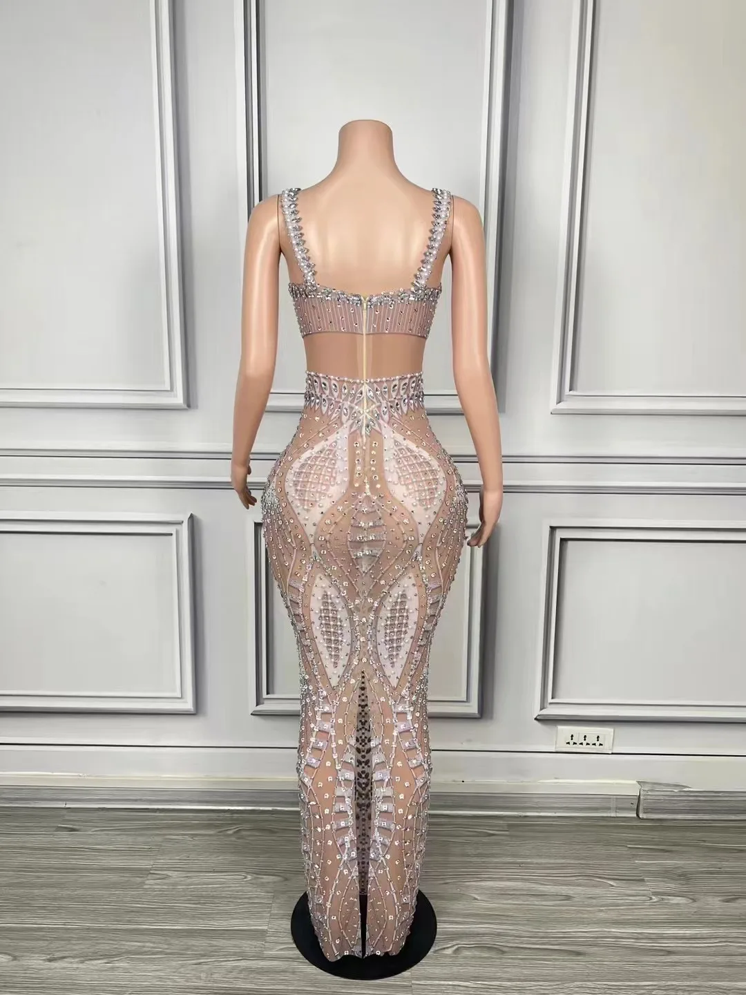 Halter Neck Bright Diamond Sexy See-Through Birthday Party Dress t Stage Catwalk Fashion Women's Music Festival Singer Performan