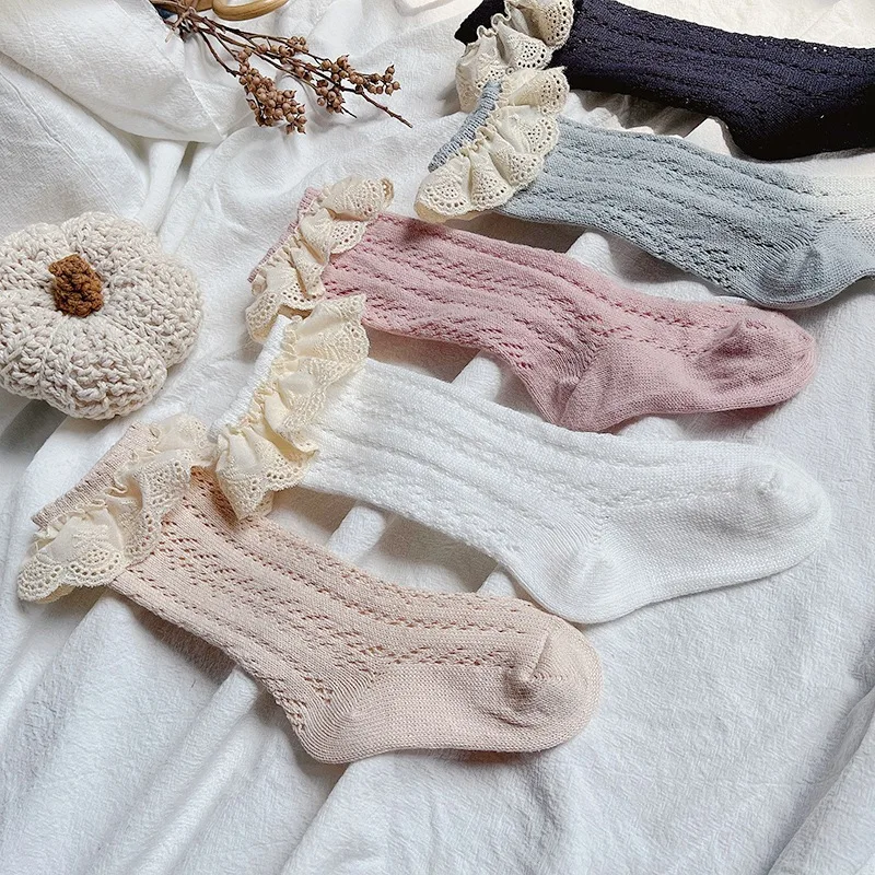 Summer Baby Girls Ruffle Socks Kids Toddlers Knee High Long Sock Soft Cotton Lace Flower Children Infant Girl Socks For 0-5Years