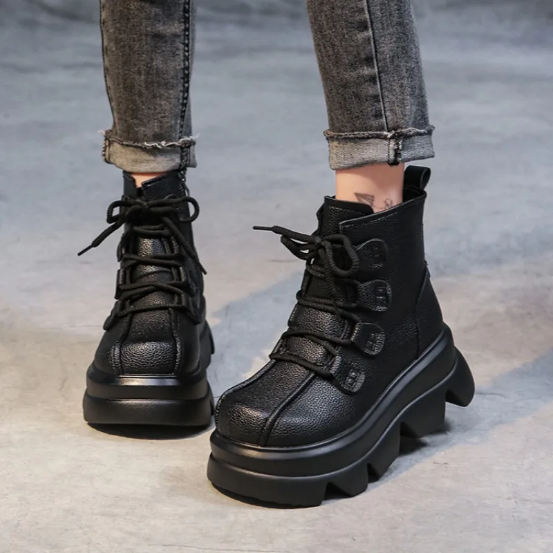 Plataforma tornozelo mulheres apartamentos botas de neve salto alto sapatos de couro inverno tênis casuais 2025 tendência esporte rendas até retro botas mujer