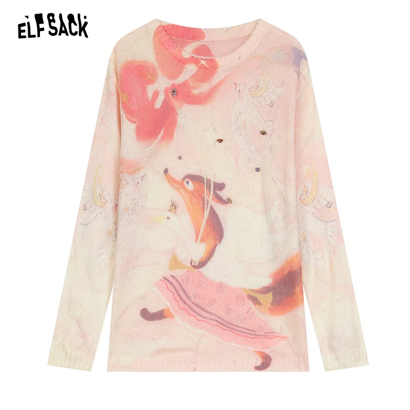 ELFSACK 2024 Autumn New Arrive Fox pink full print mohair long sleeve design slimming sweater for women