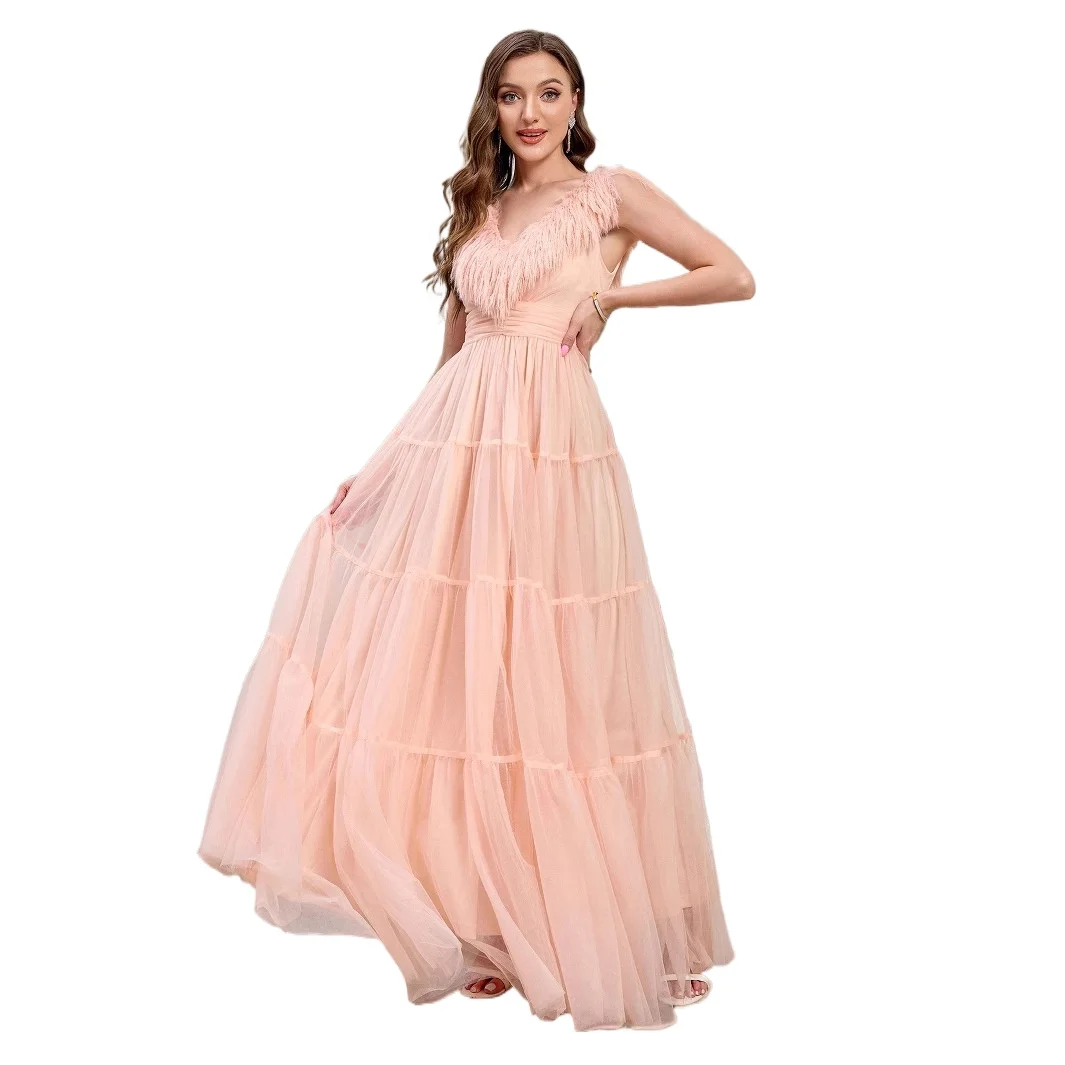 

Fresh Tassels Double V-neck Tiers Mesh Long Formal Evening Prom Party Dress Pink