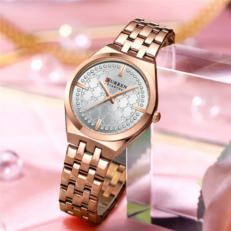 CURREN 9096 Women\'s Quartz Watch Luxury Diamond Stainless Steel Strap Waterproof Fashion Simple Small Dial Ladies Casual Watches