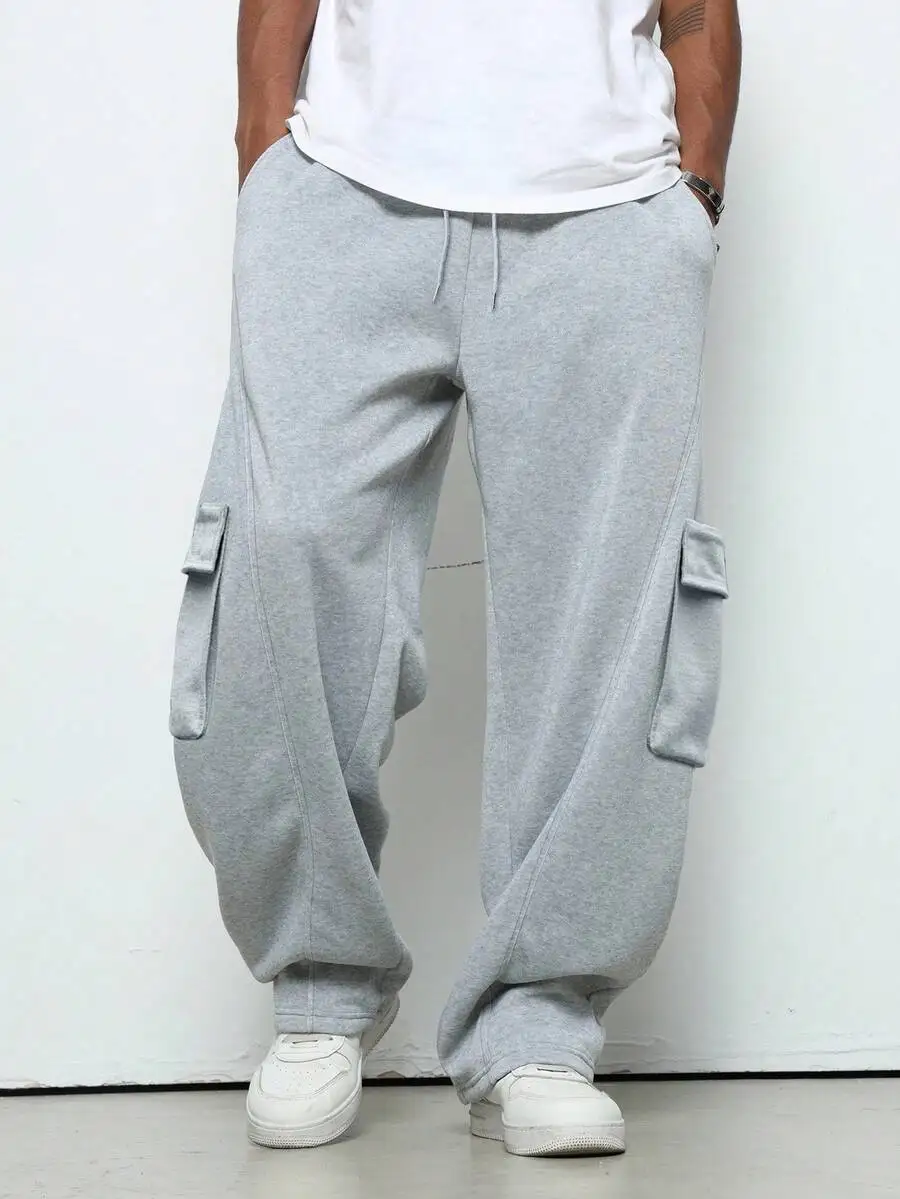 

Grey Loose-Fit Cargo Sweatpants For Men With Large Side Pockets Wide Leg Baggy Lounge Wear