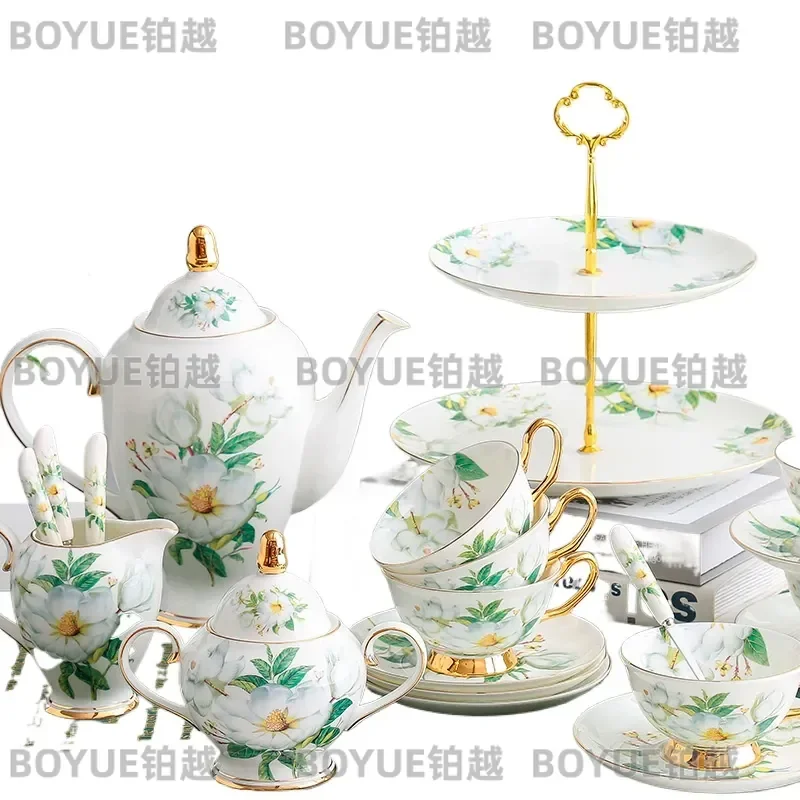 Korean Style Bone China Coffee Set with Pot Cup Saucer Spoon Elegant Ceramic Afternoon Tea Service Gift Box for Home Decor